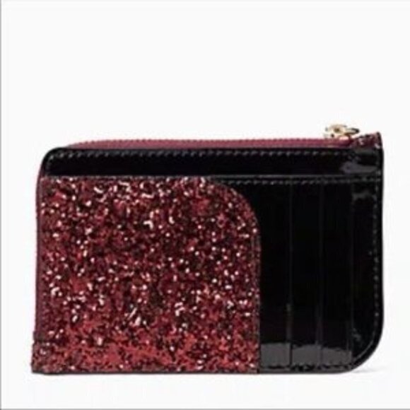 Kate Spade Odette Glitter L-Zip Card Holder Black Cherry Pink Keychain Wallet NW - Picture 2 of 5